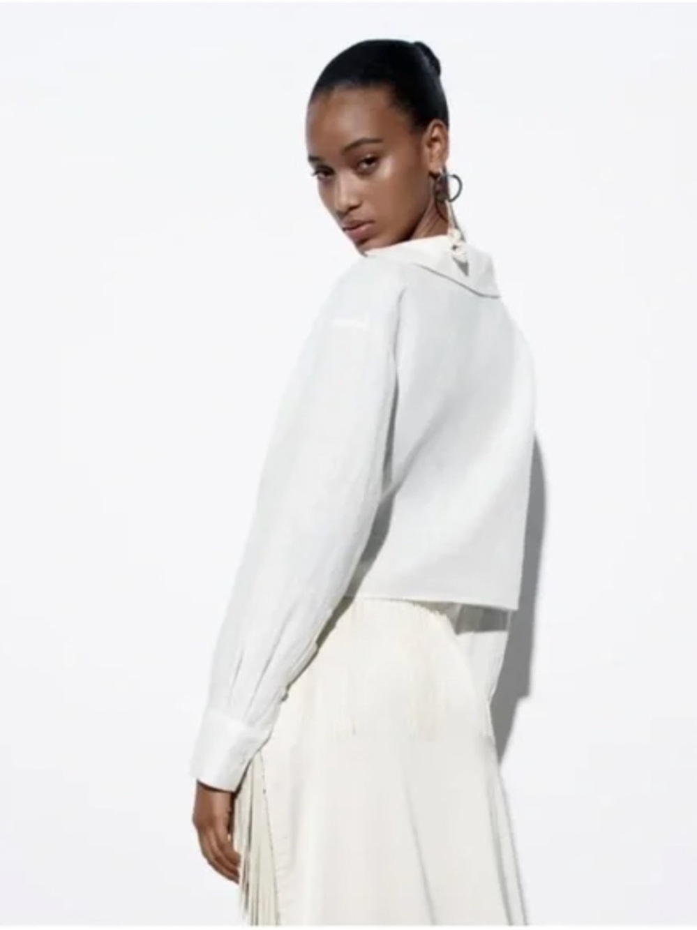 Zara White Linen Draped Collar Button-Down Blouse - Picture 4 of 8